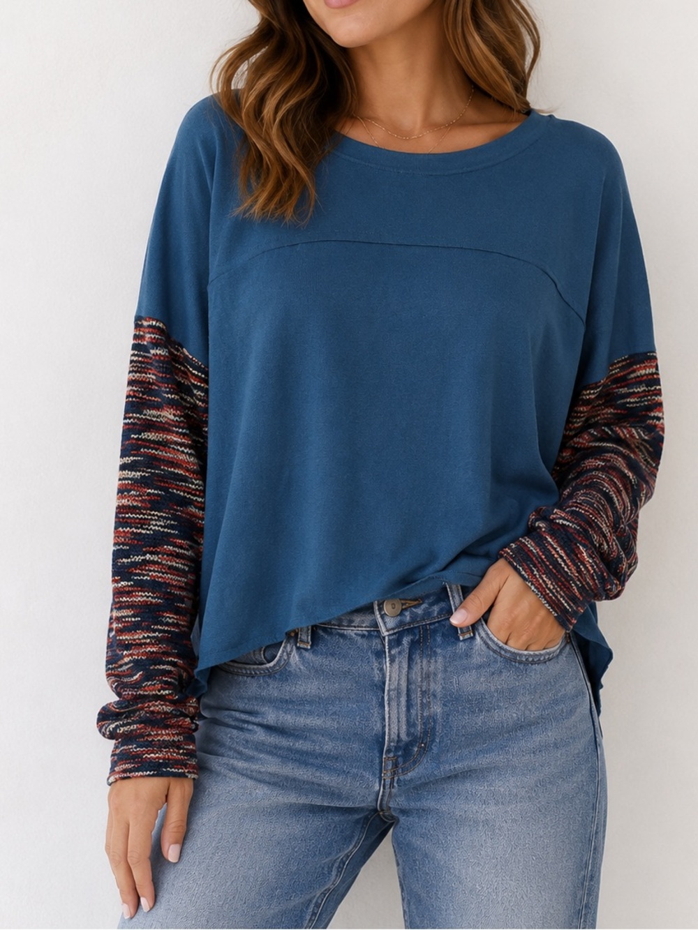 Umgee Lagoon Blue Boho Pattern Sleeve Sweater NWT